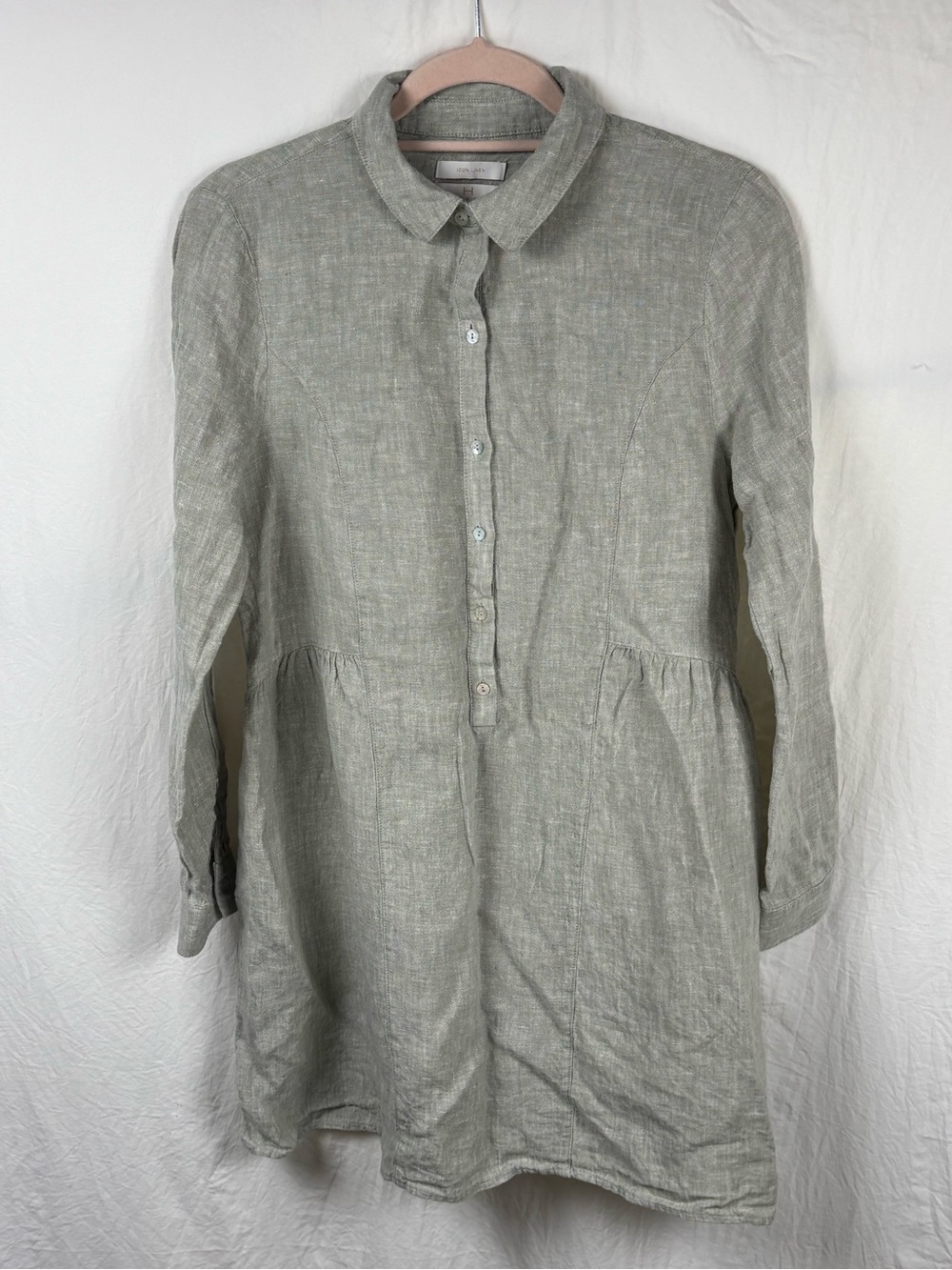 Halston Women's Linen small Long-Sleeve Linen Shirt Dress in Light Gray green